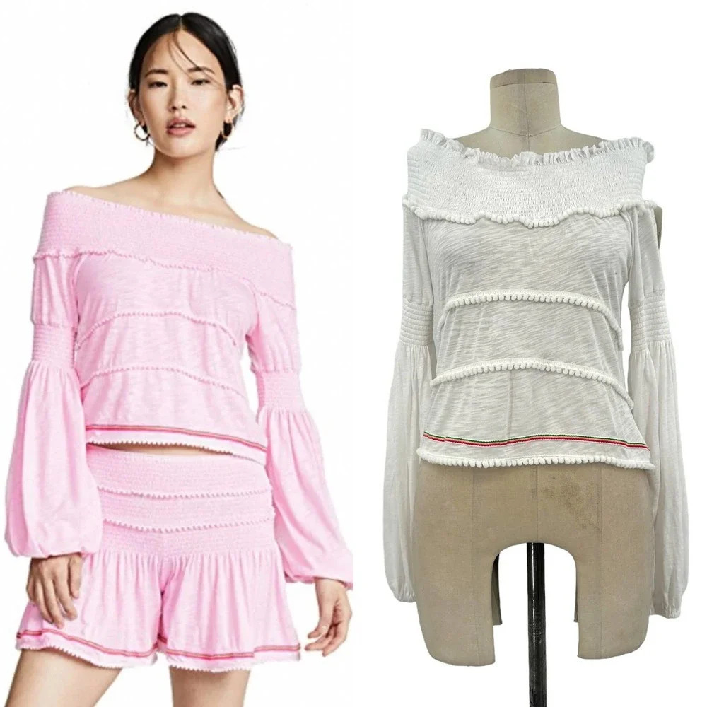 PITUSA Agata‎ Smocked Crop Top In White Long Sleeves Size Petite / XS